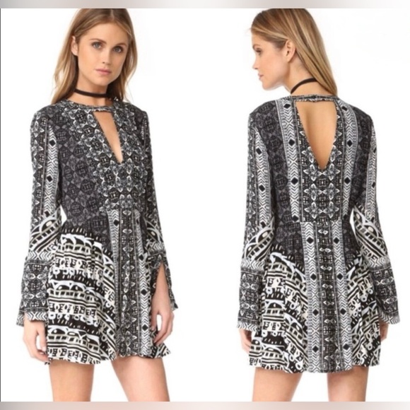 Free People Tegan Border Printed Mini Dress Pockets Black White Combo Boho - Picture 2 of 16